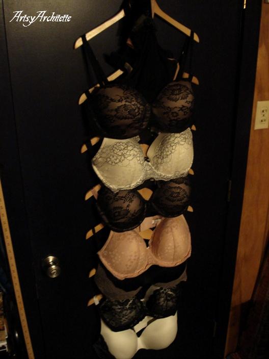 Quick and easy bra storage. I just used bathroom hooks hung behind